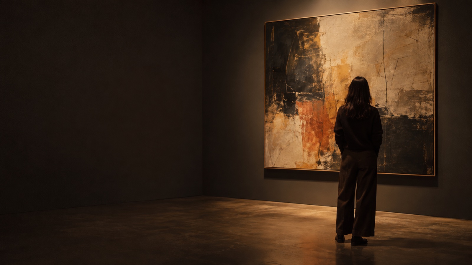 AI-generated editorial image of a visitor seen from behind looking at a fictional abstract painting in a quiet gallery.