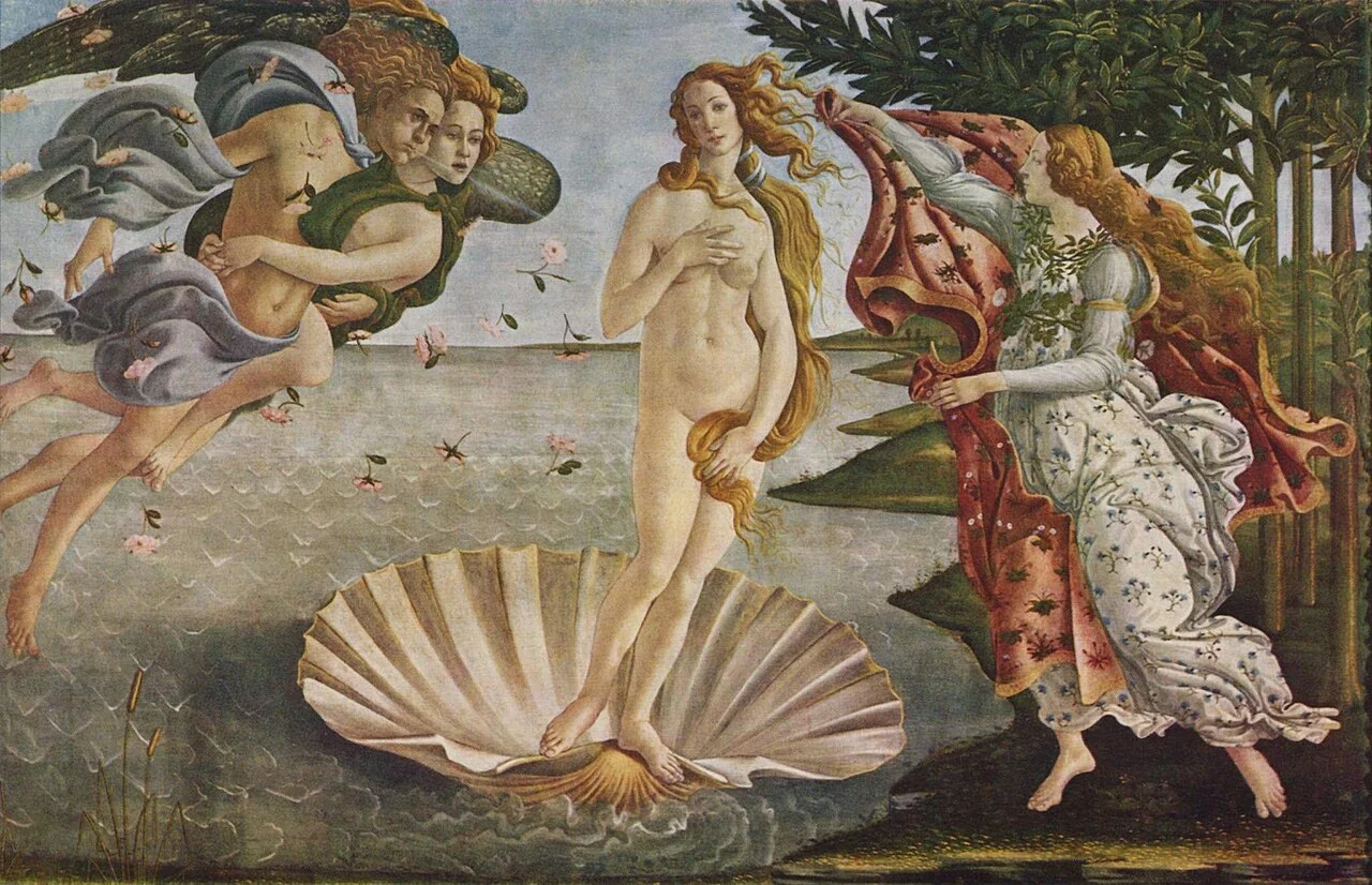 The Birth of Venus: A central standing figure on a shell, flanked by windblown figures and a shore.