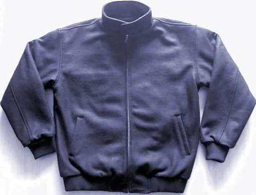 Bomber Jacket: A short jacket with a close collar, ribbed cuffs and hem, front zip, and pockets.