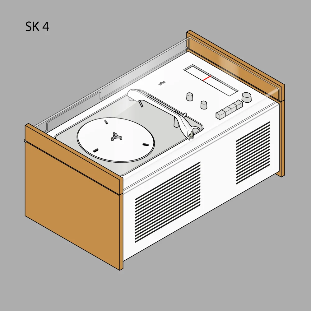 Braun SK 4: A compact radio and record player with a pale body, transparent lid, linear controls, and a restrained front face.