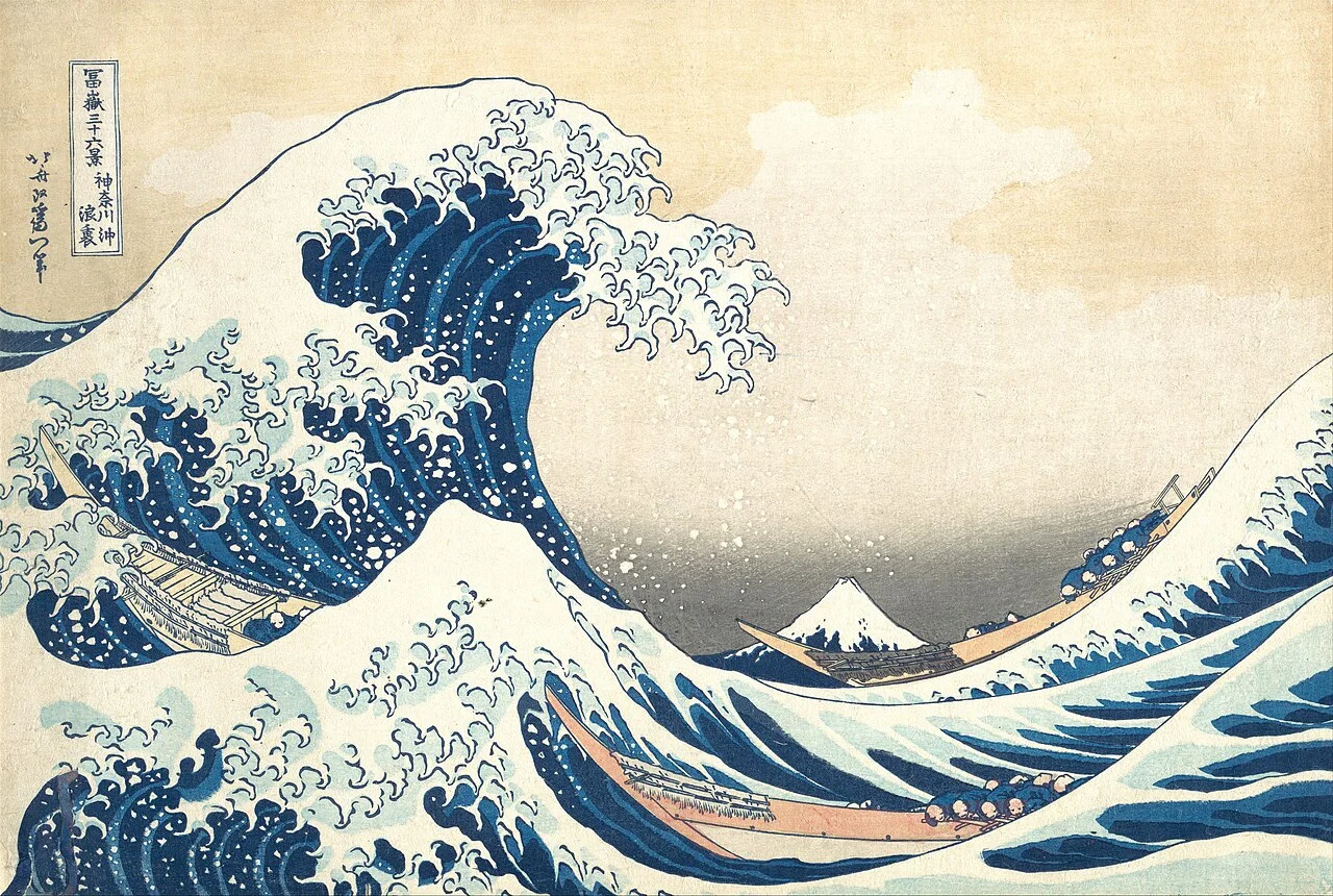 The Great Wave off Kanagawa: A large curling wave over three boats, with Mount Fuji in the distance.