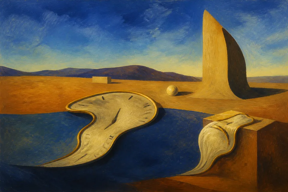 The Persistence of Memory: An AI-generated editorial illustration in the spirit of the painting, showing soft melting clock faces in a desert landscape under a blue sky.