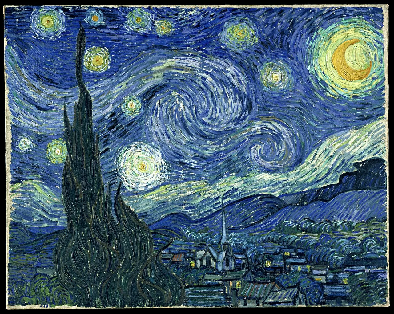 The Starry Night: A village beneath a swirling blue and yellow sky, with a tall dark cypress at the left.