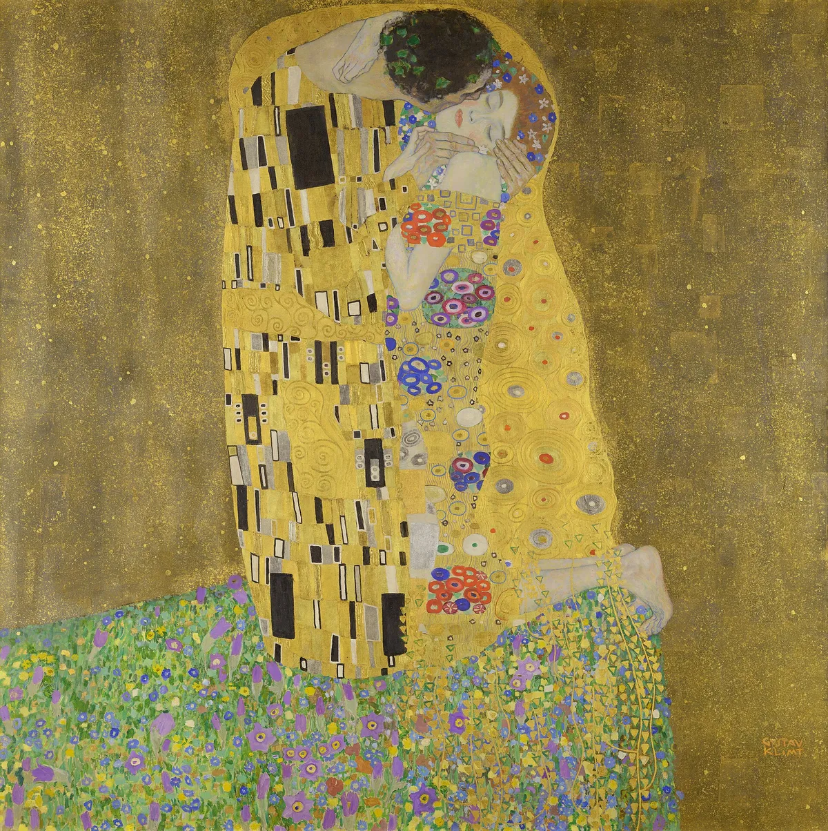 The Kiss: A couple kneels at the edge of a flowered meadow, wrapped in patterned robes inside a golden field.