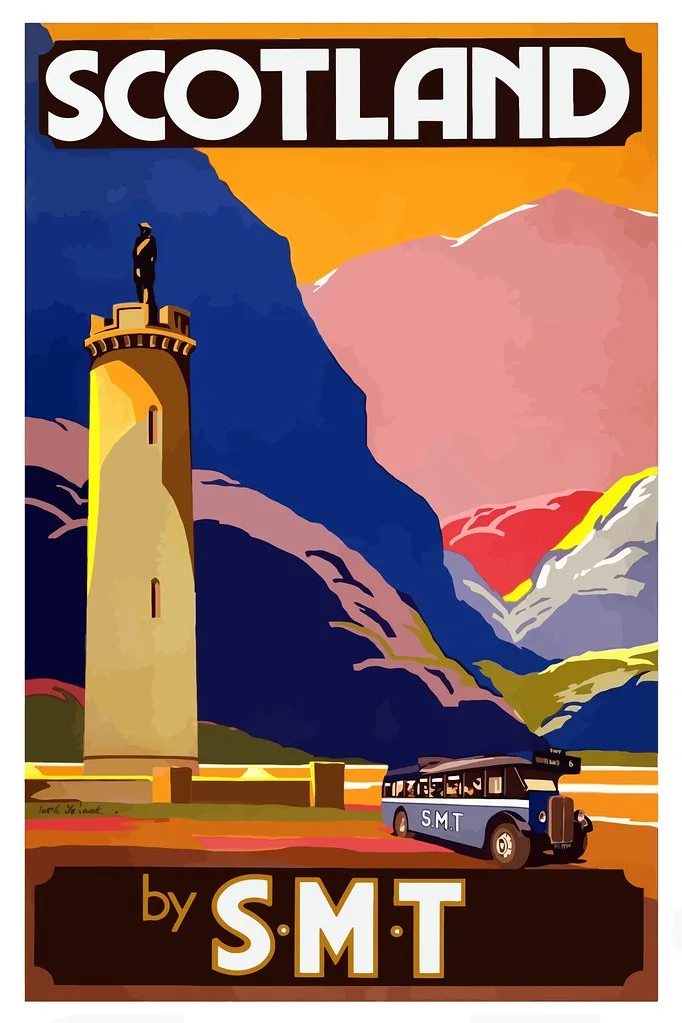 Vintage Travel Poster: A vertical printed composition with a simplified landscape, destination cue, bold colour, and short text.