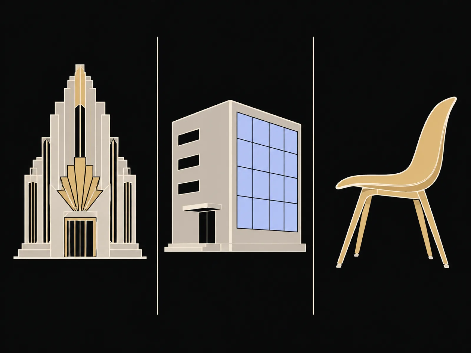 Three-column diagram: stepped art deco facade, Bauhaus-style glass-fronted block and curved chair with tapered legs.