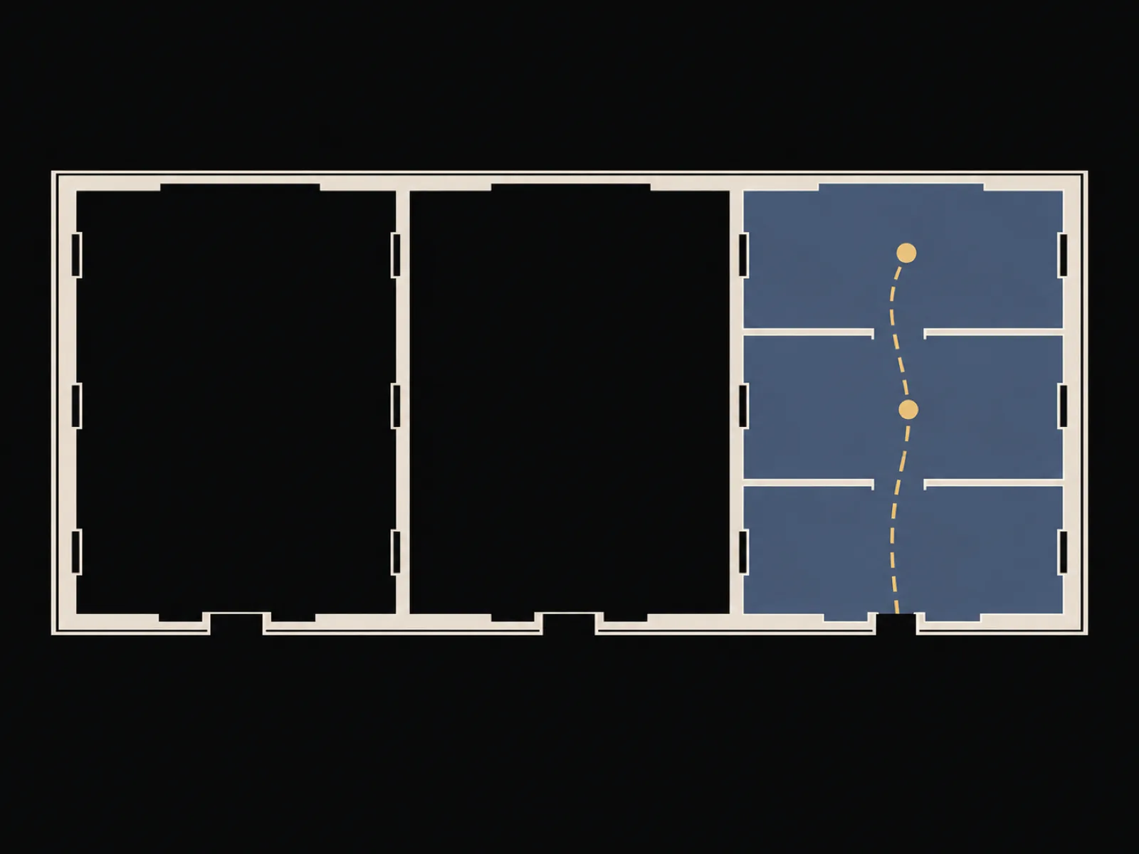 Diagram of a museum floorplan with one wing highlighted and a dashed route through three of its rooms.