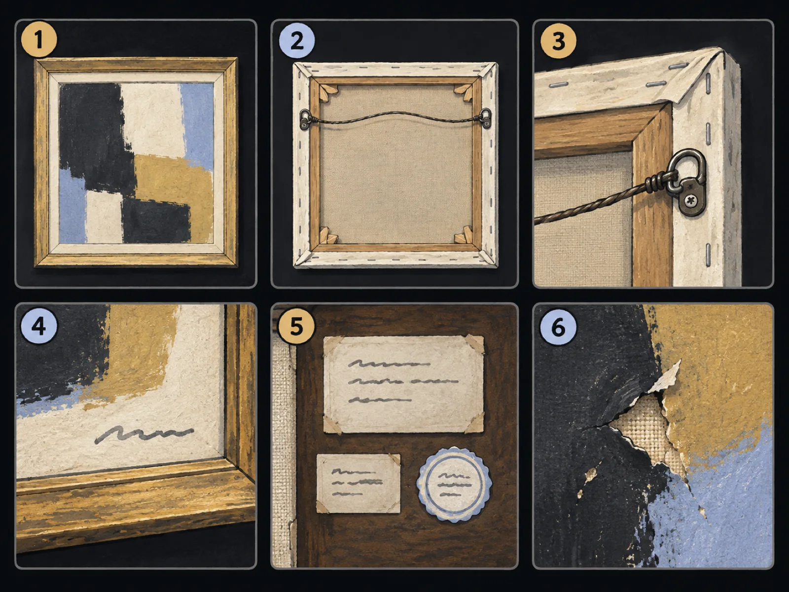 Six small sketches showing which views of an old painting to photograph: front, back, frame, signature, label, damage