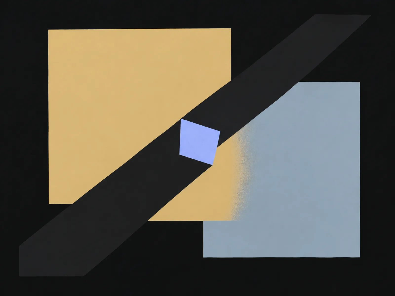 An invented abstract composition of overlapping warm and cool geometric fields, with one dark diagonal cutting across