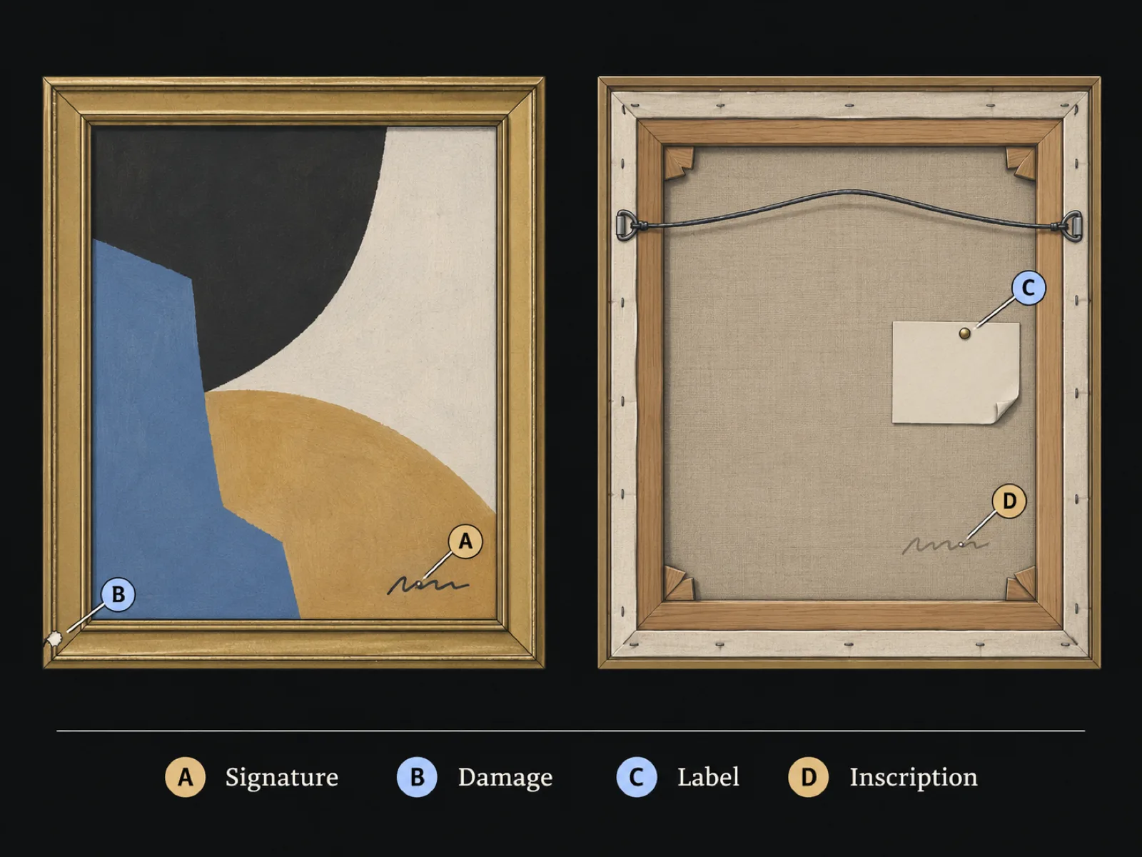 Diagram of a framed painting with lettered markers for the signature and a damaged edge on the front, and a paper label and an inscription on the back
