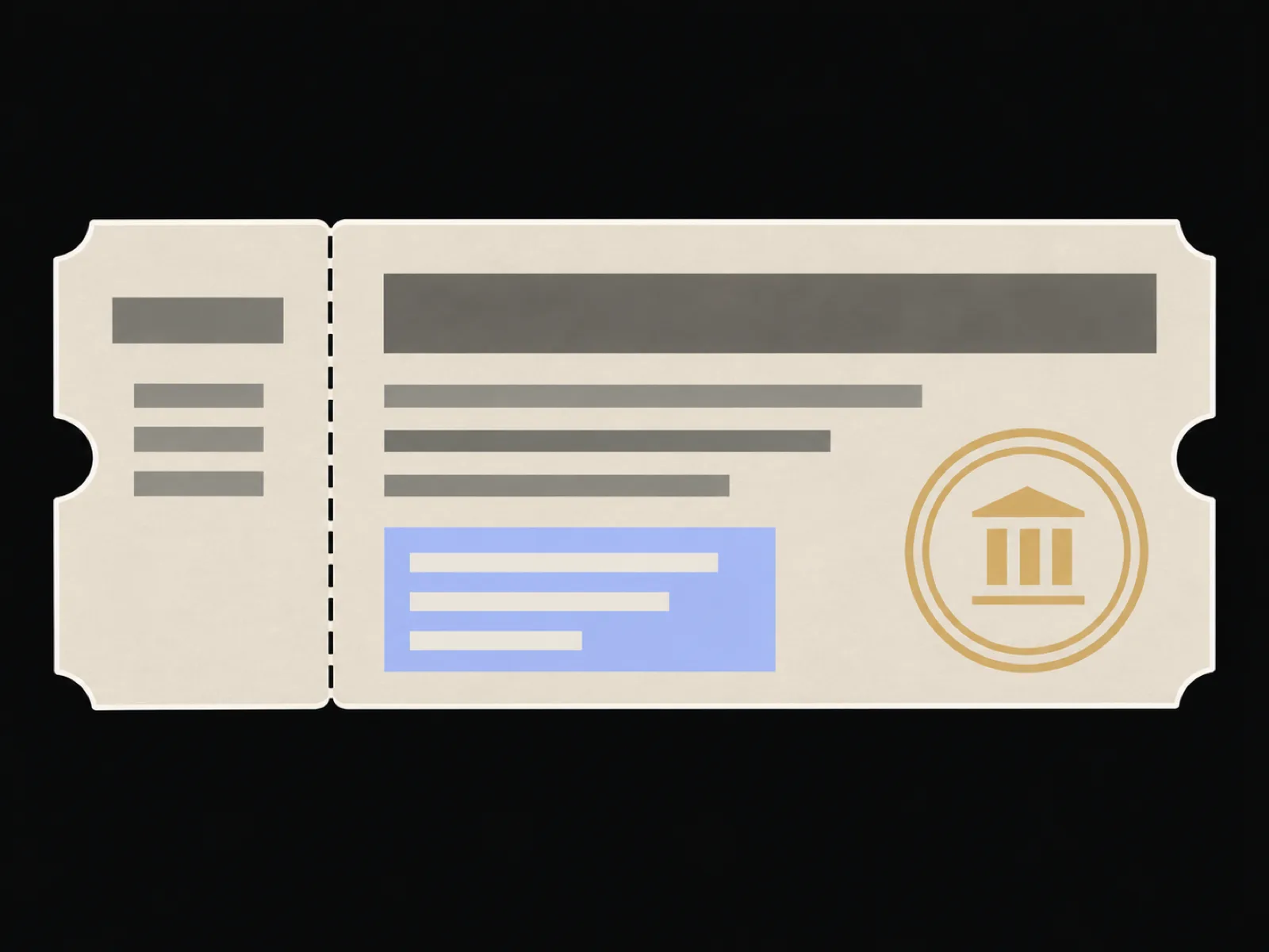 Diagram of a printed ticket showing its type hierarchy, perforated stub, serial number block and validation stamp.