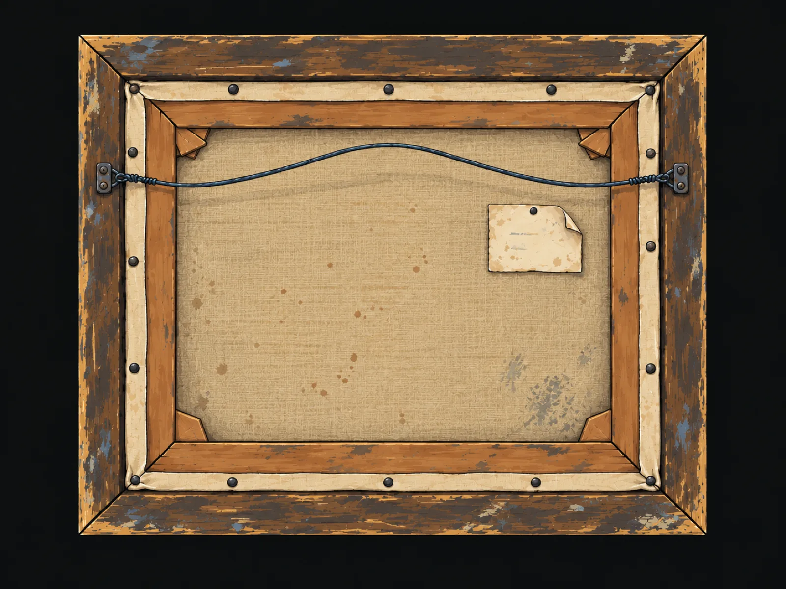 The back of an old framed painting showing wooden stretcher bars, tacks and a paper label
