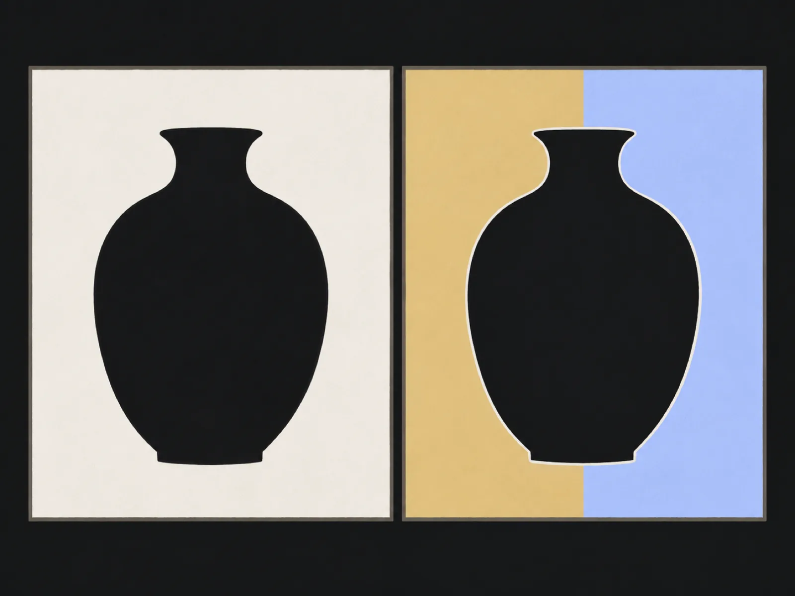 A flat illustrated silhouette of a vessel against a pale field, the empty space around it forming shapes of its own