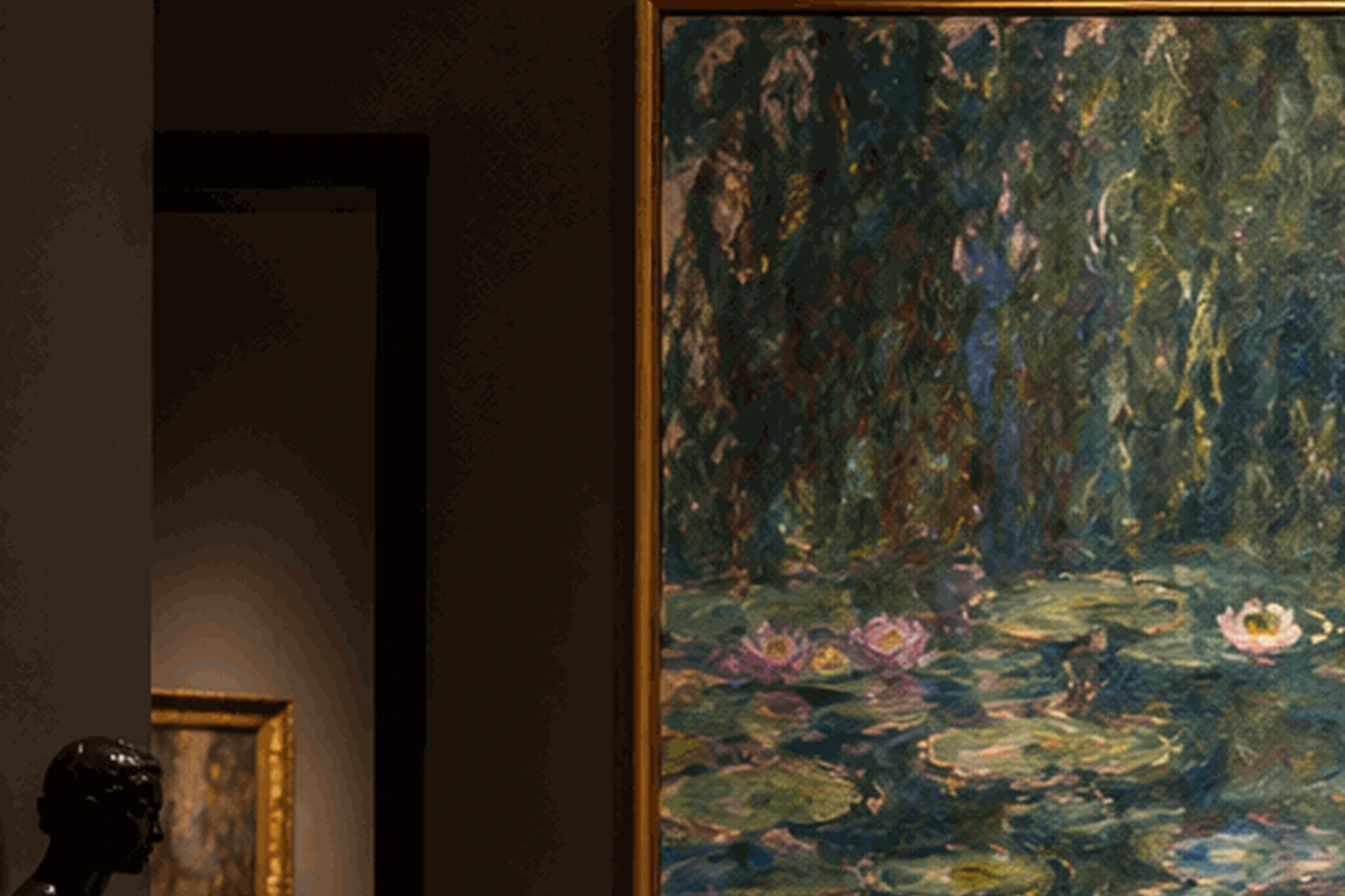 AI-generated editorial illustration of a visitor looking at a fictional painting in a gallery.